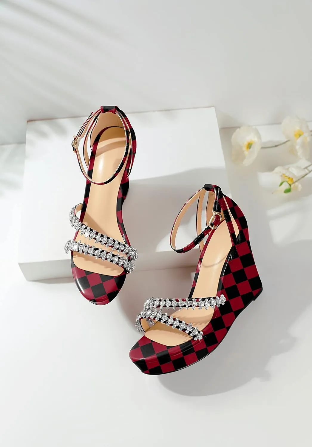 Soireelady Women Wedge Heel Sandals Open Toe Rhinestone Heels Sparkly Platform Heel Wedges Ankle Strap Summer Wedges Sexy Heeled Pump Shoes for Party Wedding Evening