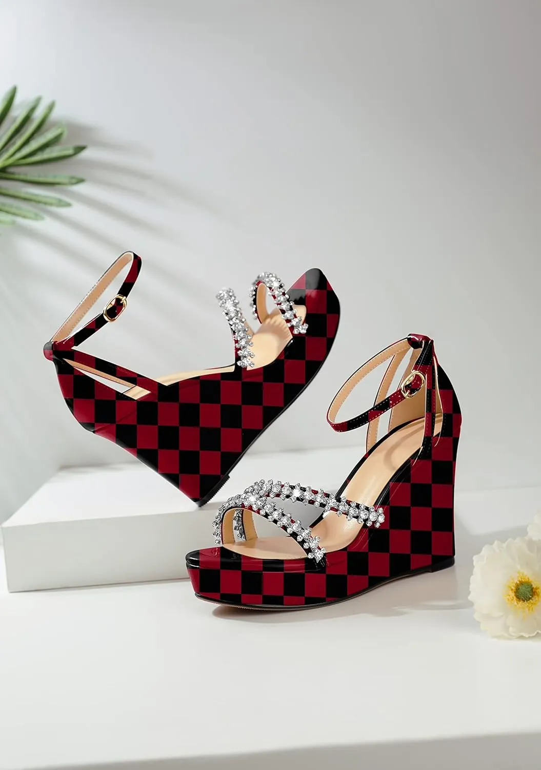 Soireelady Women Wedge Heel Sandals Open Toe Rhinestone Heels Sparkly Platform Heel Wedges Ankle Strap Summer Wedges Sexy Heeled Pump Shoes for Party Wedding Evening