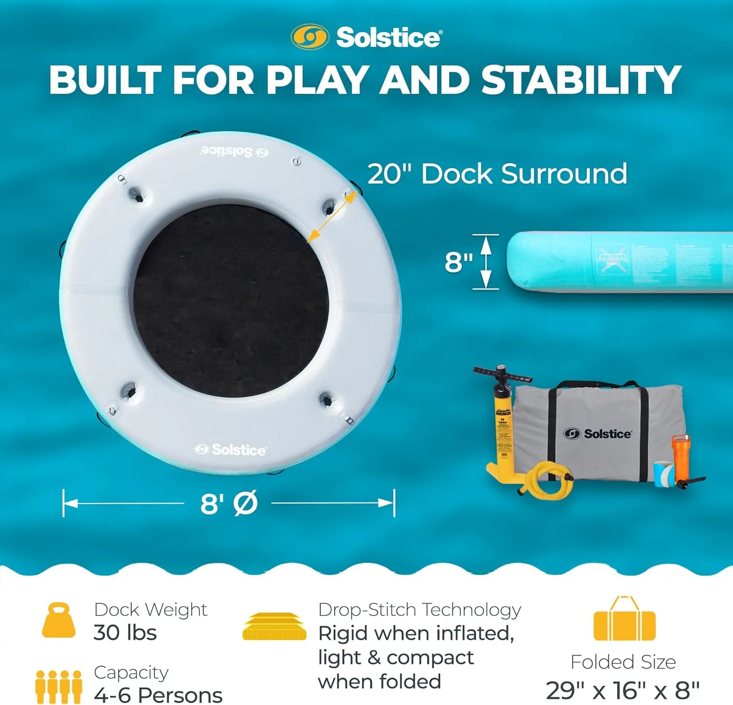 SOLSTICE Original Inflatable Mesh Dock Platform Series for Lake Boat Pool Ocean | for Adults Kids & Pet Dogs Up to 10 People | Rafts with Mesh Options | Various Water Mat Swim Raft Shapes & Sizes