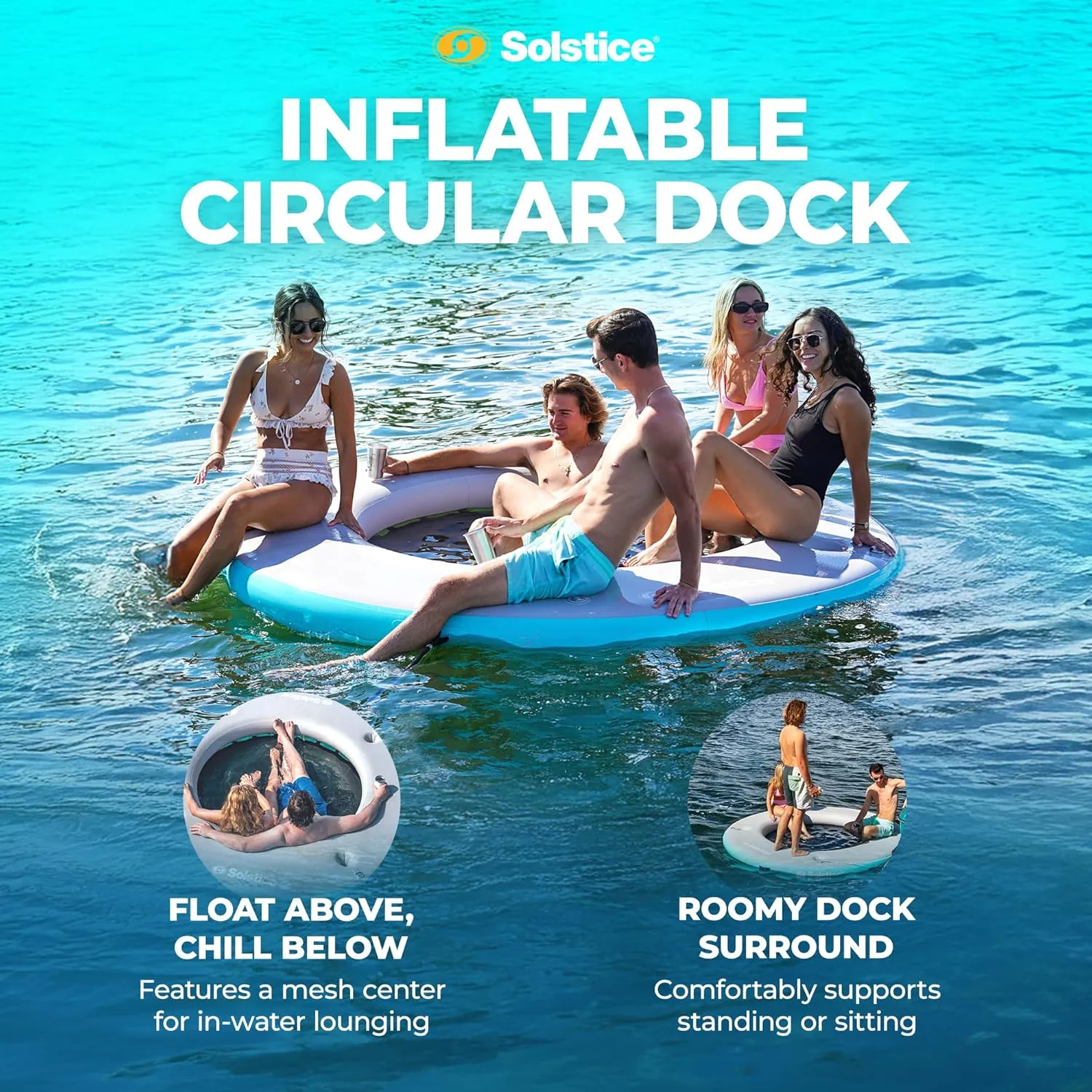 SOLSTICE Original Inflatable Mesh Dock Platform Series for Lake Boat Pool Ocean | for Adults Kids & Pet Dogs Up to 10 People | Rafts with Mesh Options | Various Water Mat Swim Raft Shapes & Sizes