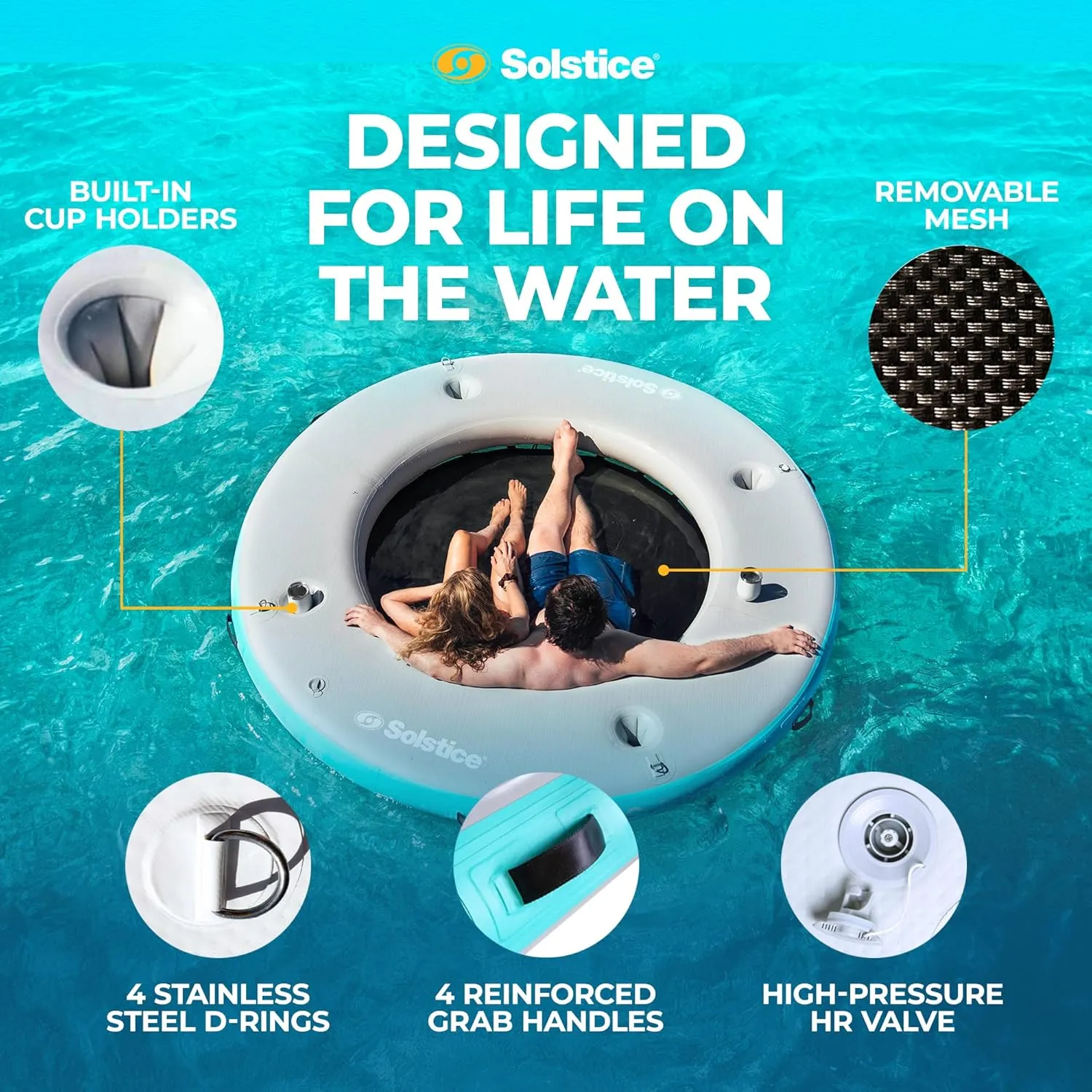 SOLSTICE Original Inflatable Mesh Dock Platform Series for Lake Boat Pool Ocean | for Adults Kids & Pet Dogs Up to 10 People | Rafts with Mesh Options | Various Water Mat Swim Raft Shapes & Sizes