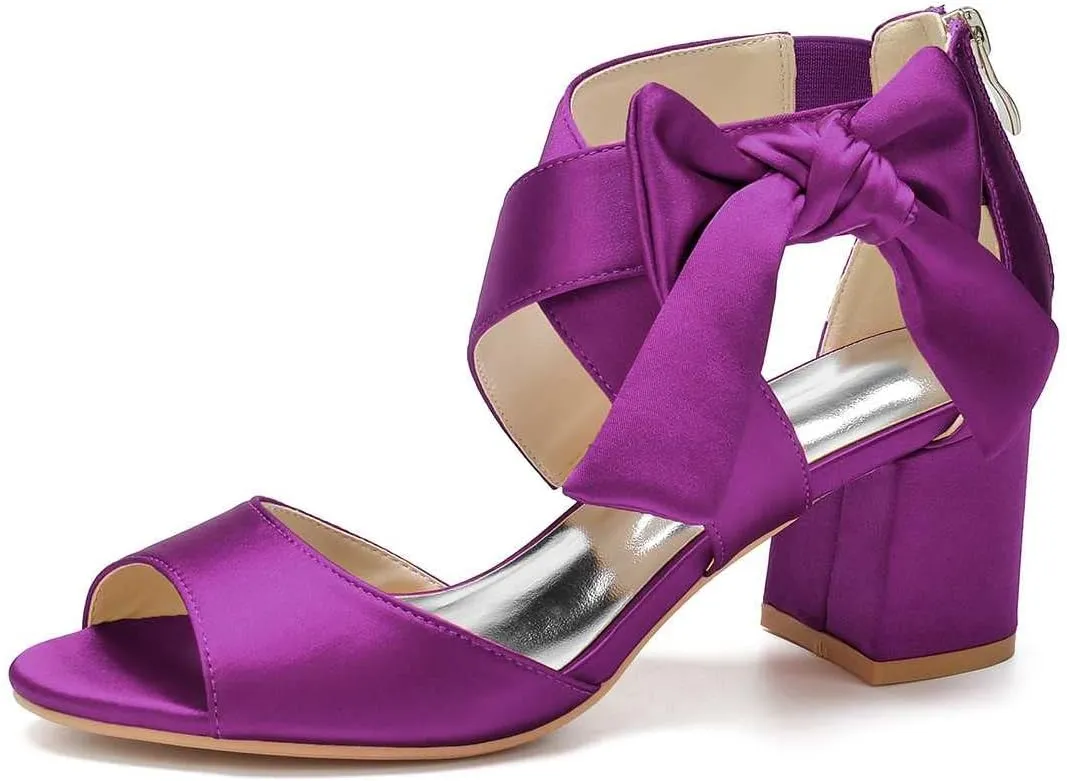 TarfiC Women's Low Block Heel Sandals Satin Bridal Chunky Ankle Strap Zipper Wedding Dress Shoes Low Heel Pump