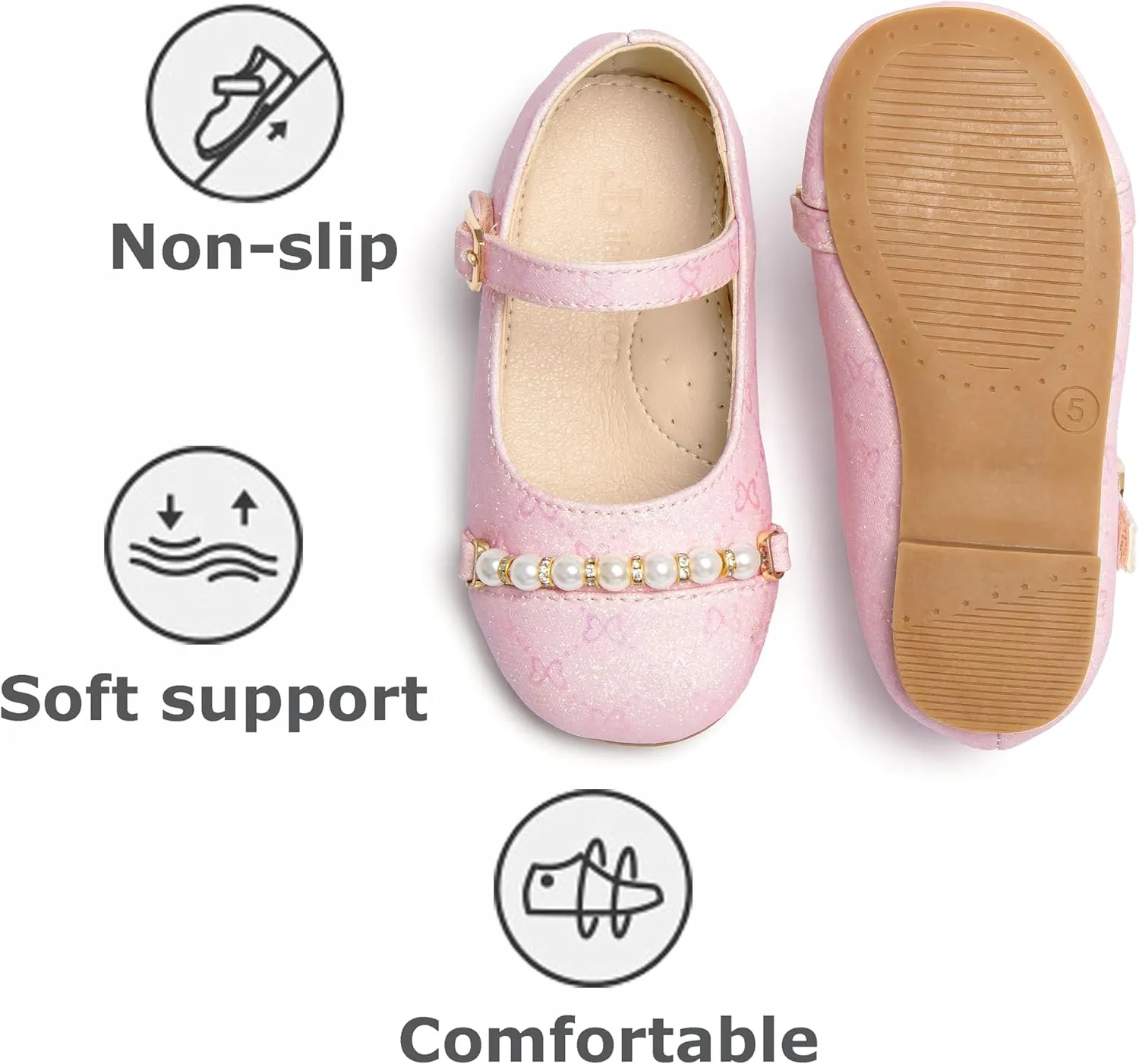 THEE BRON Little Girls Princess Shoes 3-12 Years Ballet Flats Soft Non-Slip Dress Shoes for Wide Feet