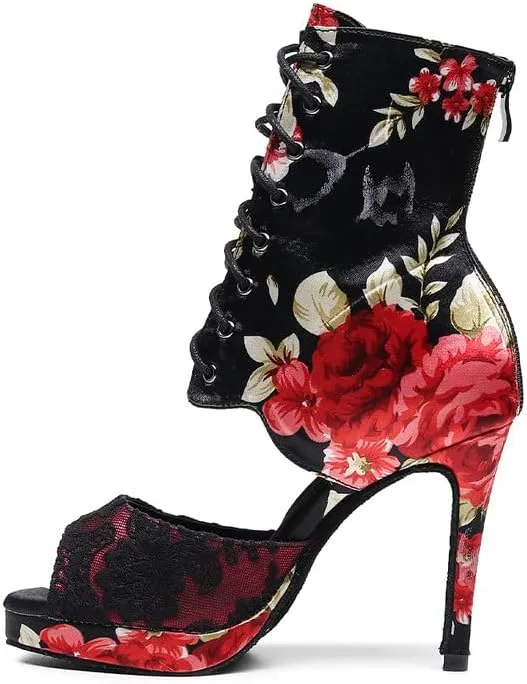 TINRYMX Women Ballroom Dance Boots Latin Salsa Ankle Dance Booties Performance Dance Shoes Outdoor Dancing, Model-QJW7269
