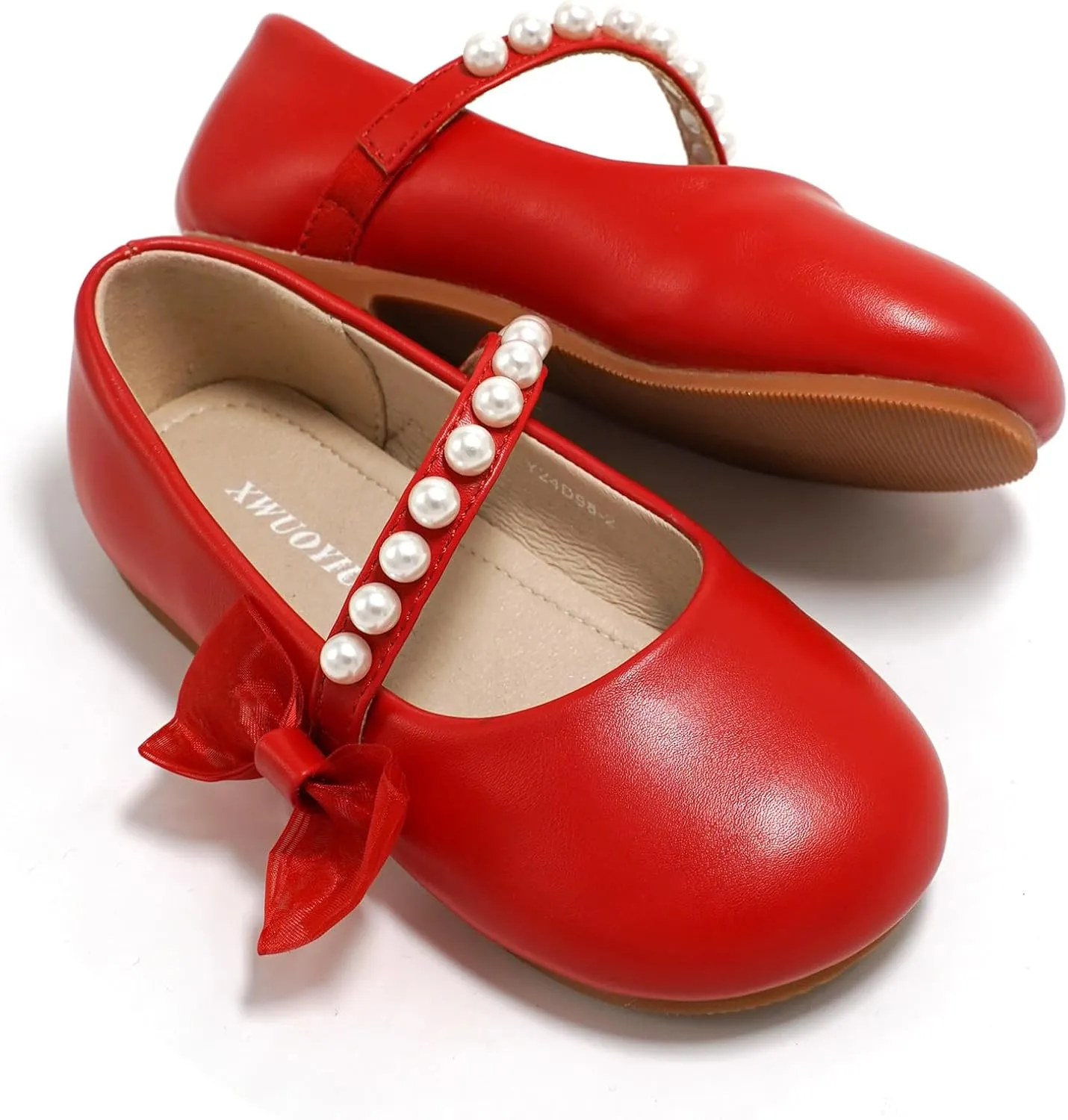 Toddler Girls Little Kid Ballet Mary Jane Pearl Front Ribbon Bows Flats Hook & Loop Party Dress Shoes School Flower Girls Wedding Princess Shoes Y24D98-2 Red 2