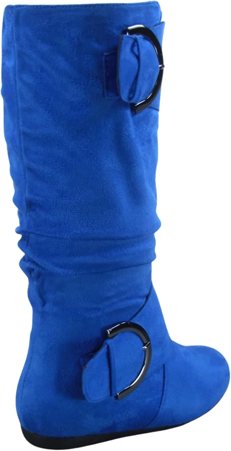 TZ Zone-38 Women's Closed Round Toe Flat Heel Buckle Slouchy Mid-Calf Casual Boots