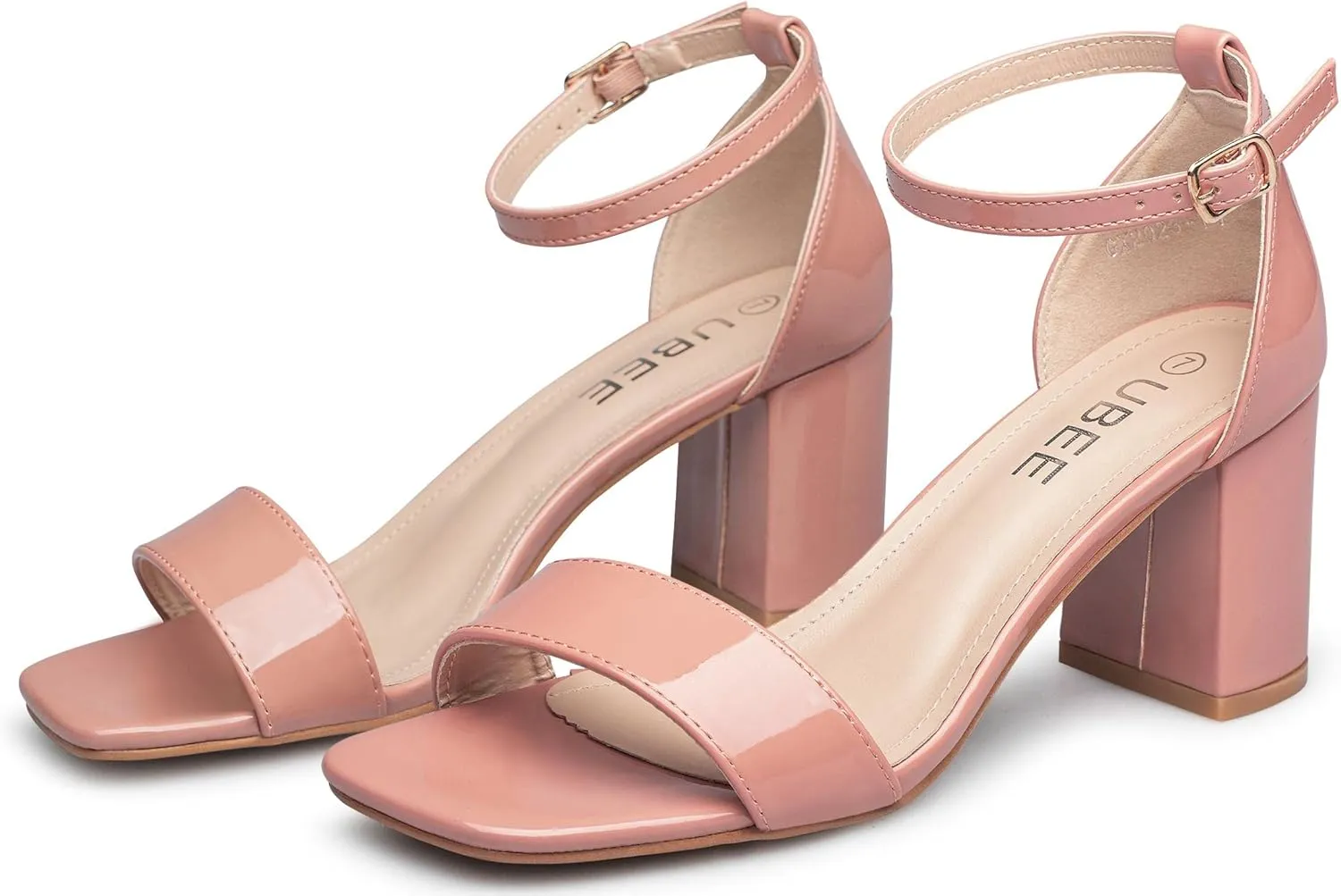 UBEE Nude High Heels Women's open toe ankle strap Thick heel Pump Sandals Party wedding Buckle Sandals