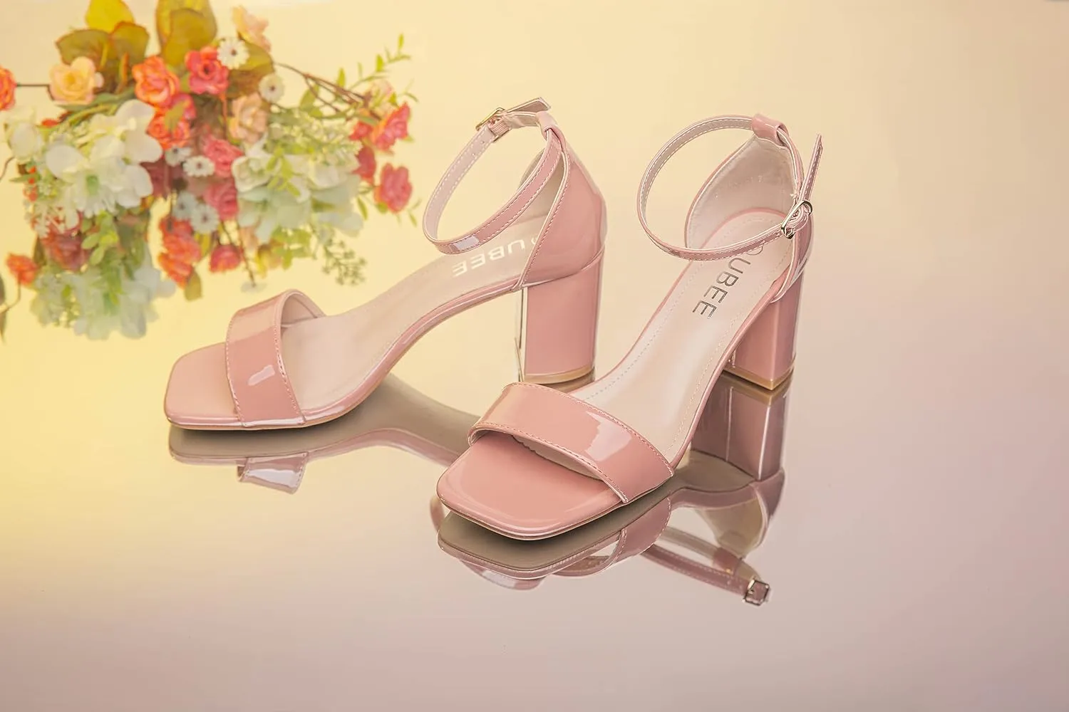 UBEE Nude High Heels Women's open toe ankle strap Thick heel Pump Sandals Party wedding Buckle Sandals