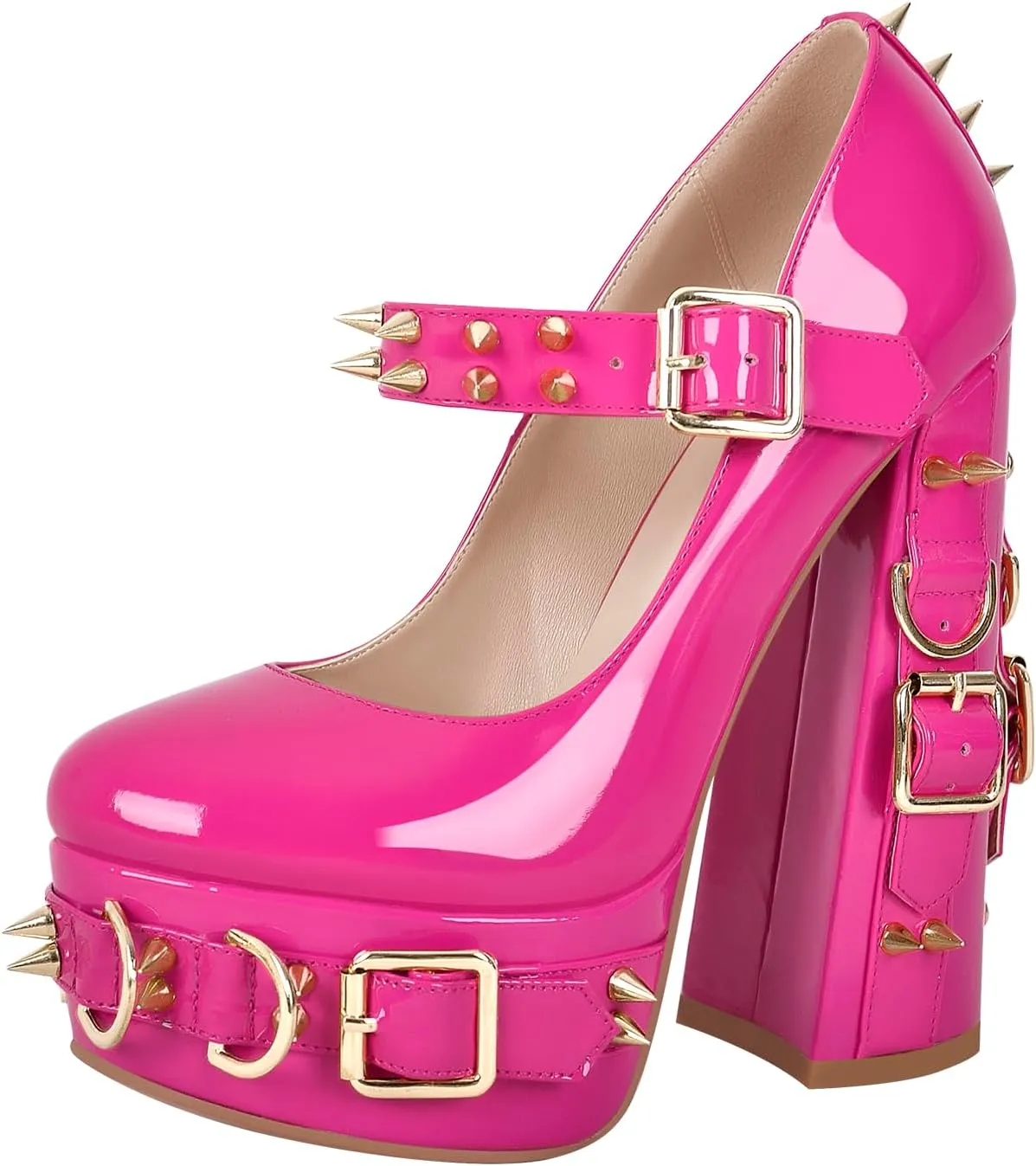 VERISSON Gothic Mary Jane Pumps with 5.9'' Chunky Heels Grommets Rivets Buckle Belt Pump Shoes