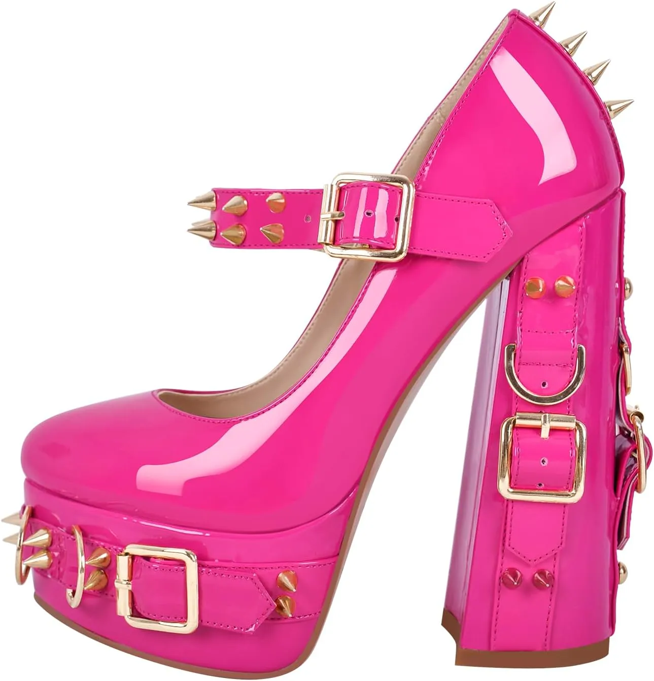VERISSON Gothic Mary Jane Pumps with 5.9'' Chunky Heels Grommets Rivets Buckle Belt Pump Shoes