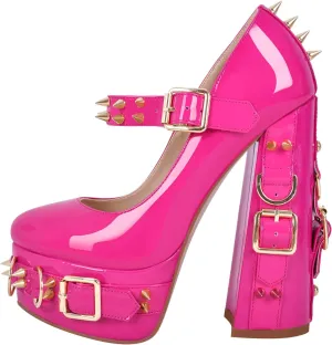 VERISSON Gothic Mary Jane Pumps with 5.9'' Chunky Heels Grommets Rivets Buckle Belt Pump Shoes