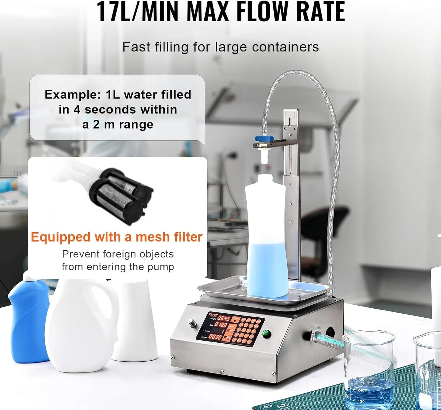 VEVOR Paste Liquid Filling Machine 30-15000g, 17L/min Large Flow Rate, Automatic Bottle Filling Machine for Oil, Detergent, Shampoo, Yogurt, Drink, Glue, Medium-low Viscous Liquids