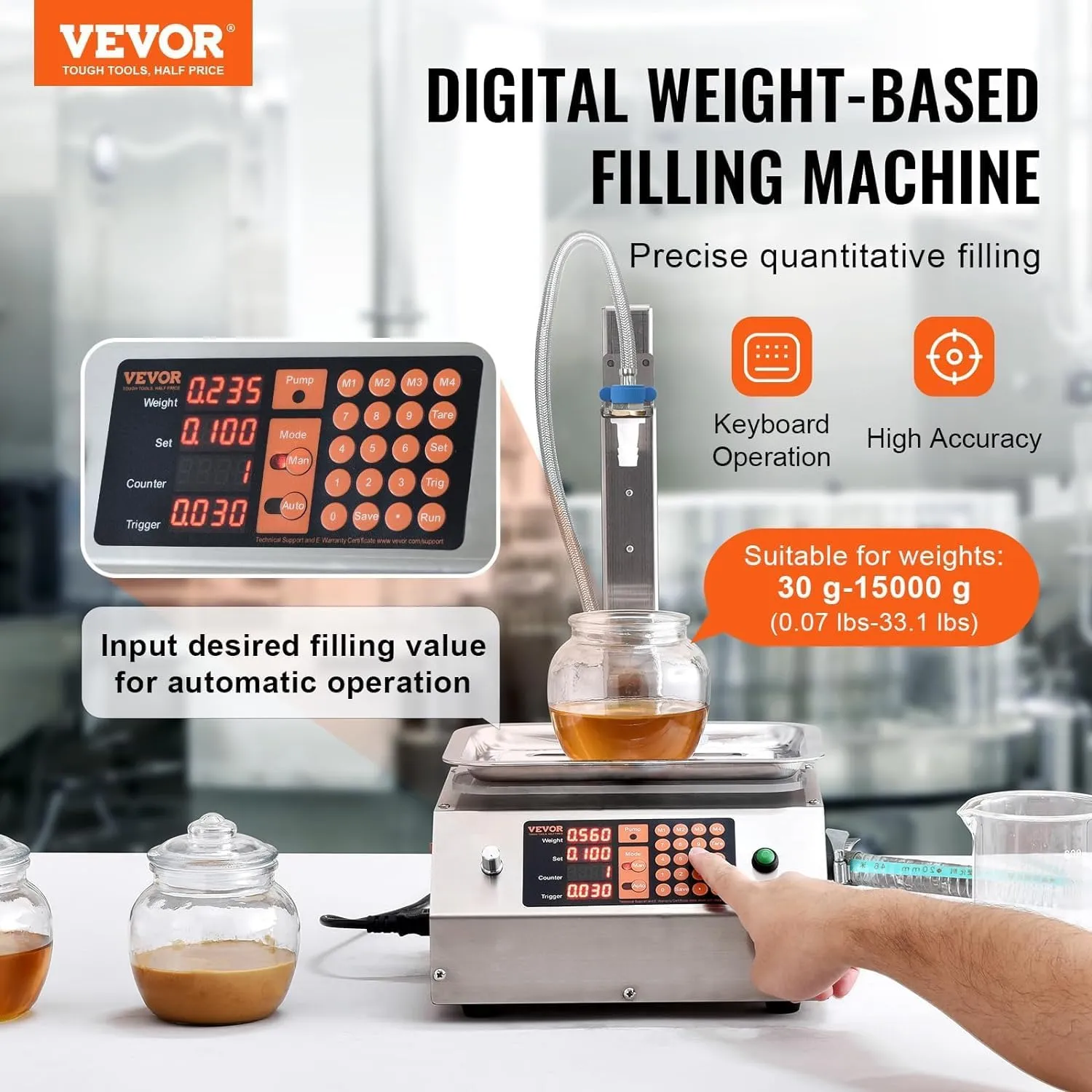 VEVOR Paste Liquid Filling Machine 30-15000g, 17L/min Large Flow Rate, Automatic Bottle Filling Machine for Oil, Detergent, Shampoo, Yogurt, Drink, Glue, Medium-low Viscous Liquids