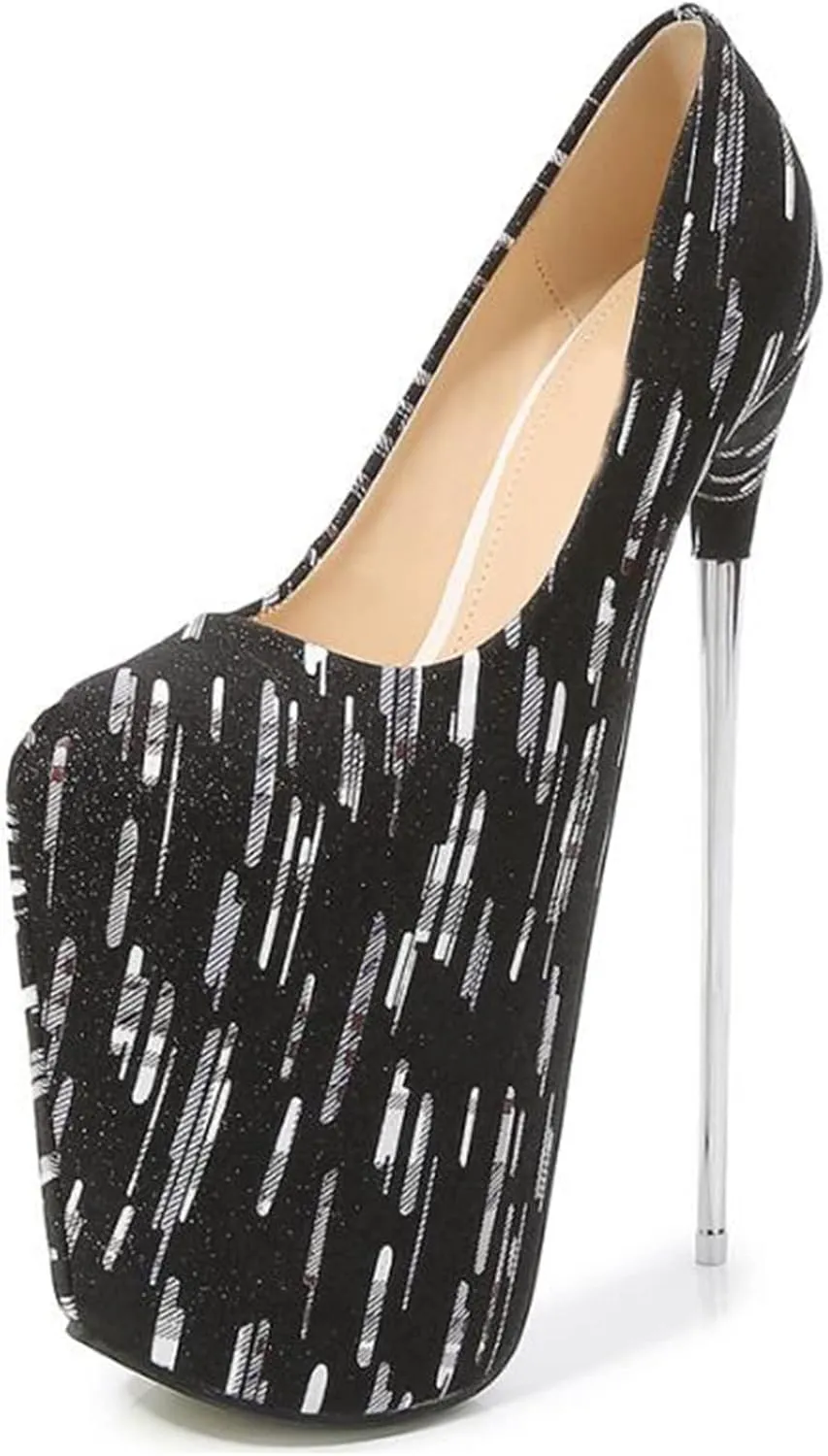 Vujkliy Women's High Heels Round Toe Platform Metal Stiletto Pump Shoes Sexy Catwalk Nightclub Banquet Striptease 22CM/8.6IN Large Size Fashion Shoes