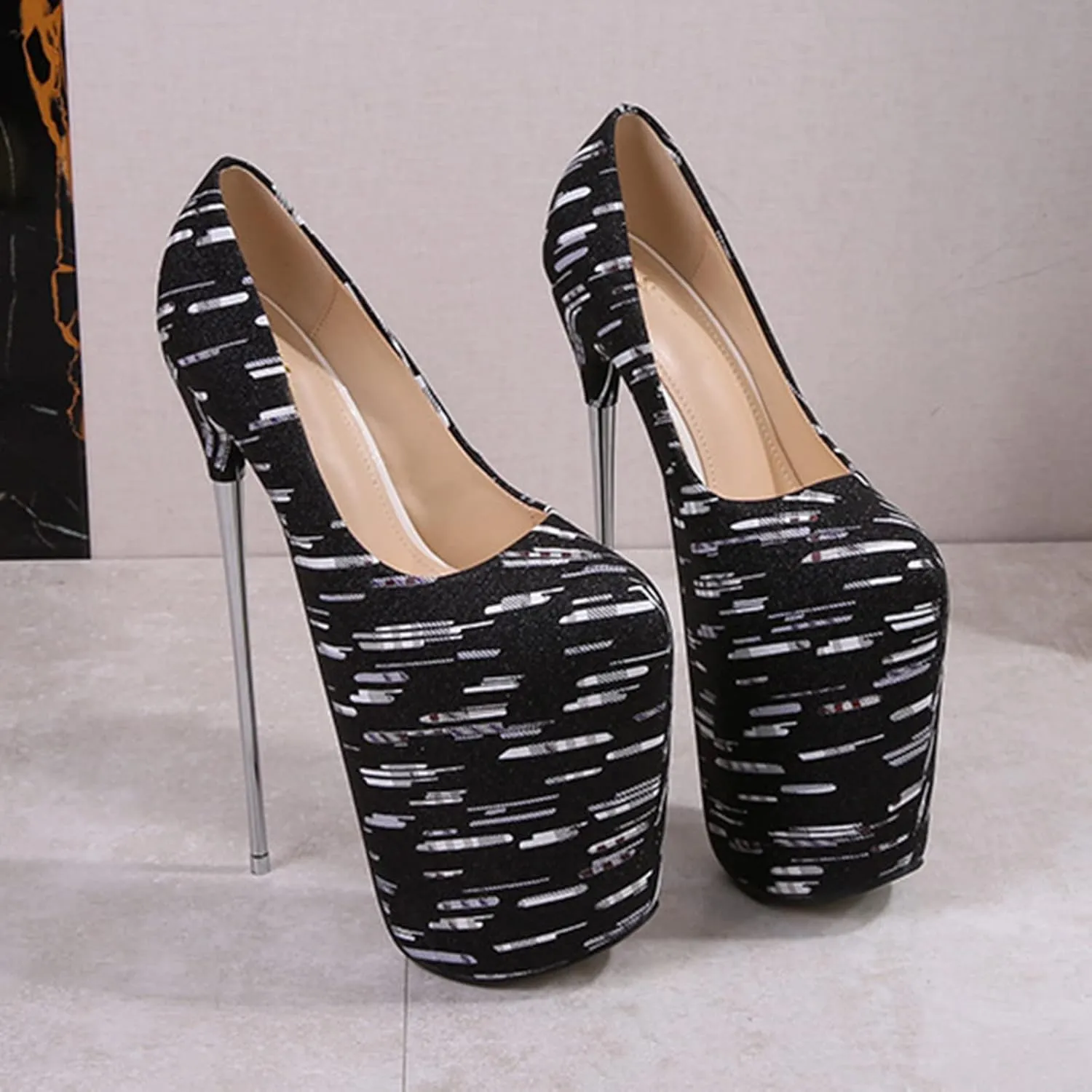 Vujkliy Women's High Heels Round Toe Platform Metal Stiletto Pump Shoes Sexy Catwalk Nightclub Banquet Striptease 22CM/8.6IN Large Size Fashion Shoes