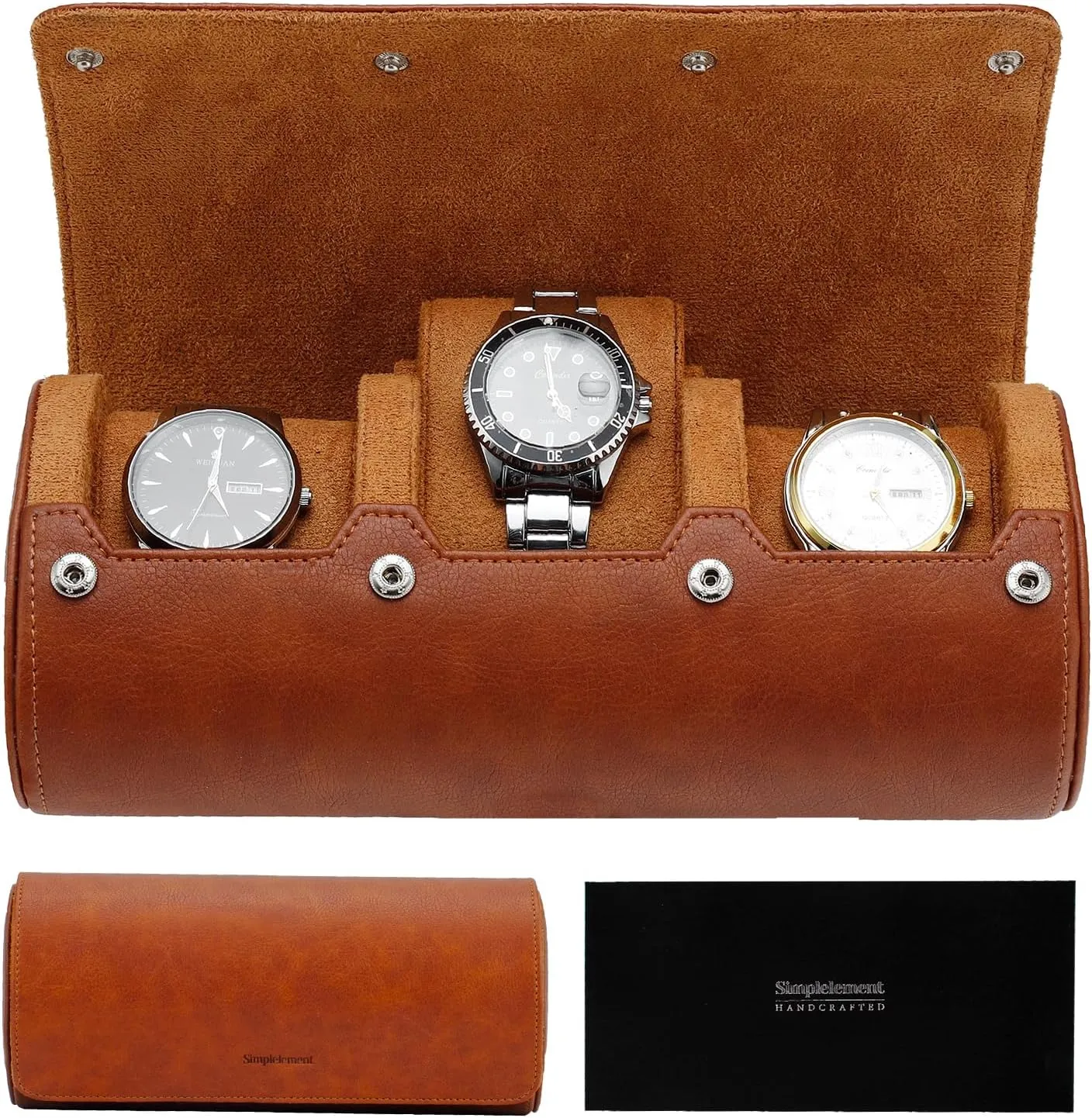 Watch Travel Case for men,PU Leather Watch Roll for 3 Watches, Innovative Removable Pillows,Gift-box packaging for Travel,Birthday,Christmas,Brown