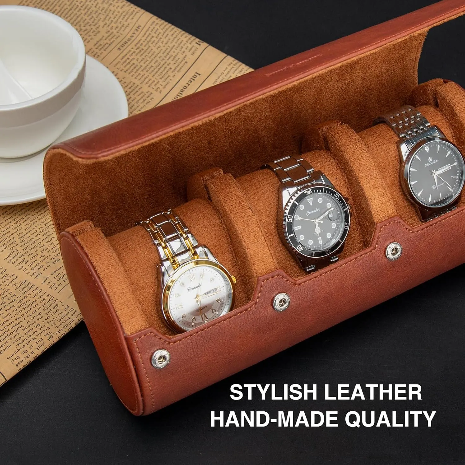 Watch Travel Case for men,PU Leather Watch Roll for 3 Watches, Innovative Removable Pillows,Gift-box packaging for Travel,Birthday,Christmas,Brown