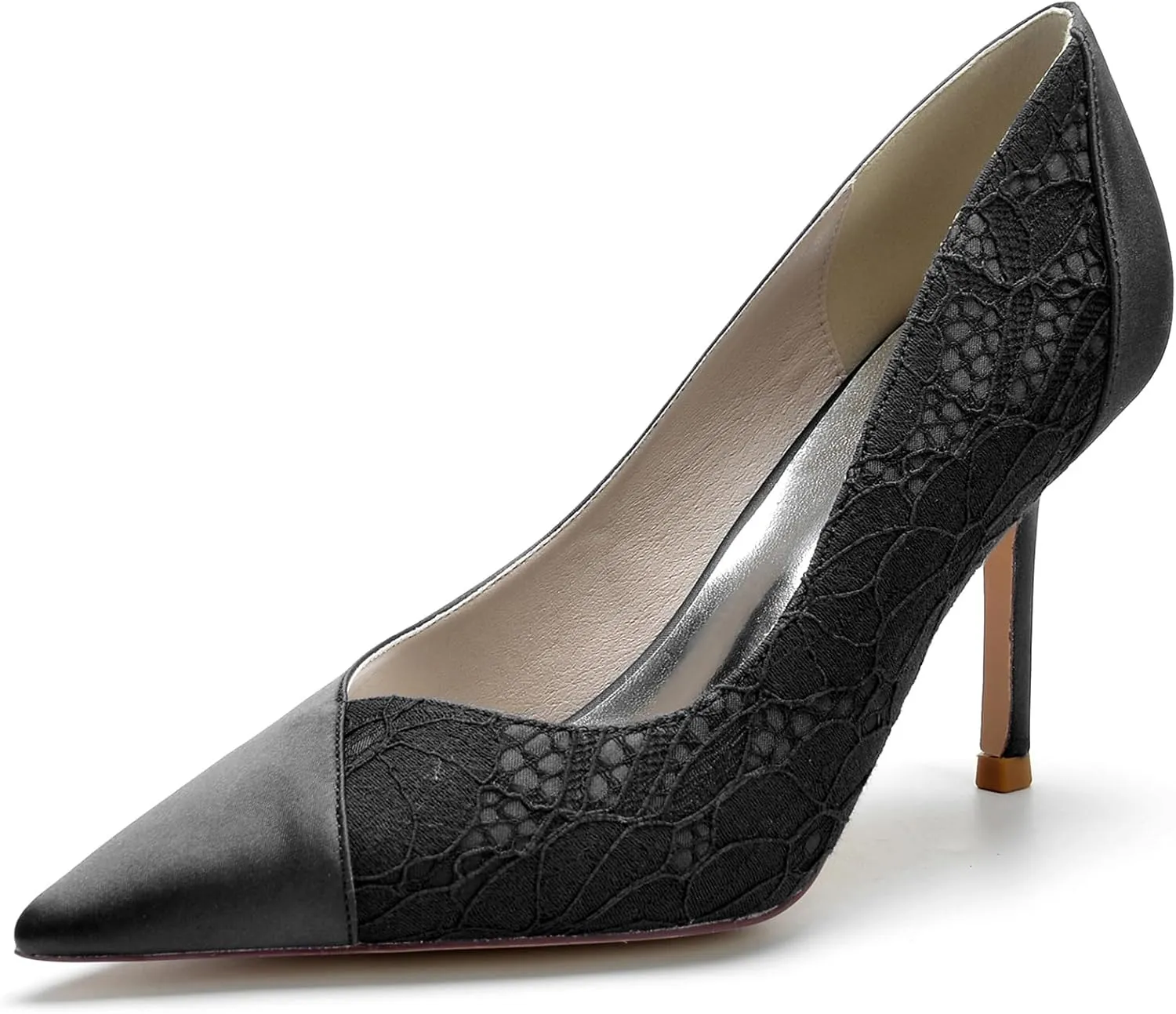 Women Closed Toe Heel Pumps Slip on Lace Satin Wedding Bridal Shoes Court Shoes for Strap Pointed Toe Pumps Party Dress Sandals