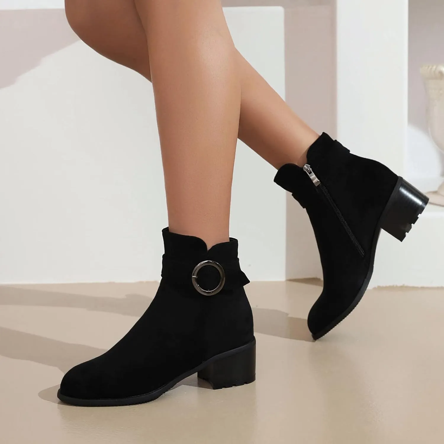 Women Rain Boot Fashion Women's Boots Solid Suede Side Zipper Decorative Buckle High Heel Coarse Heel Classic Tan S