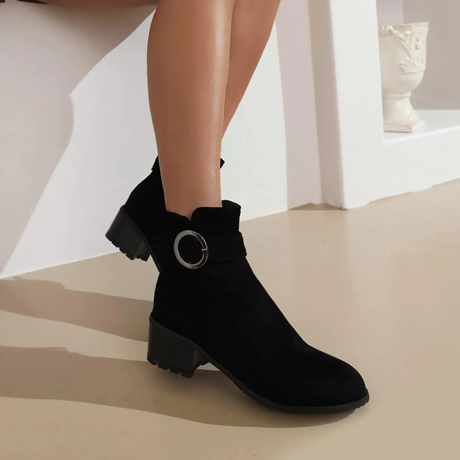 Women Rain Boot Fashion Women's Boots Solid Suede Side Zipper Decorative Buckle High Heel Coarse Heel Classic Tan S