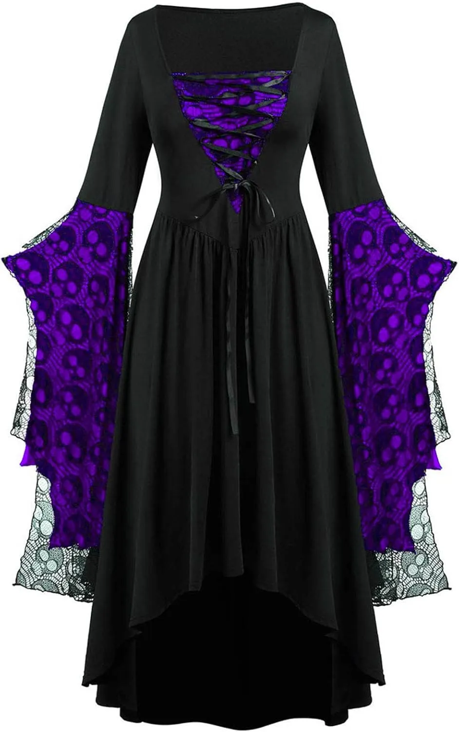 Women Vintage Maxi Dresses Gothic Plus Size Skull Lace Print Halloween Party Dress Long Sleeve Bandage Swing Dress