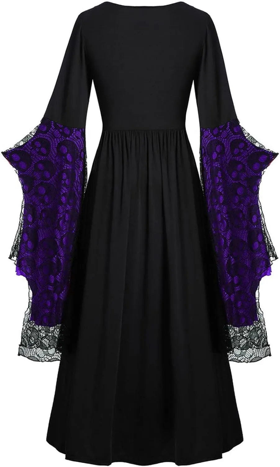 Women Vintage Maxi Dresses Gothic Plus Size Skull Lace Print Halloween Party Dress Long Sleeve Bandage Swing Dress