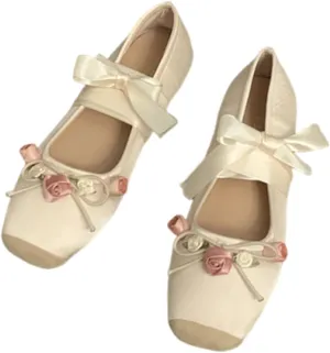 Women’s Ballet Flats Square Toe Satin Bowknot Mary Jane Shoes Elastic Strap Comfort Wedding Party Wedding Floral Shoes