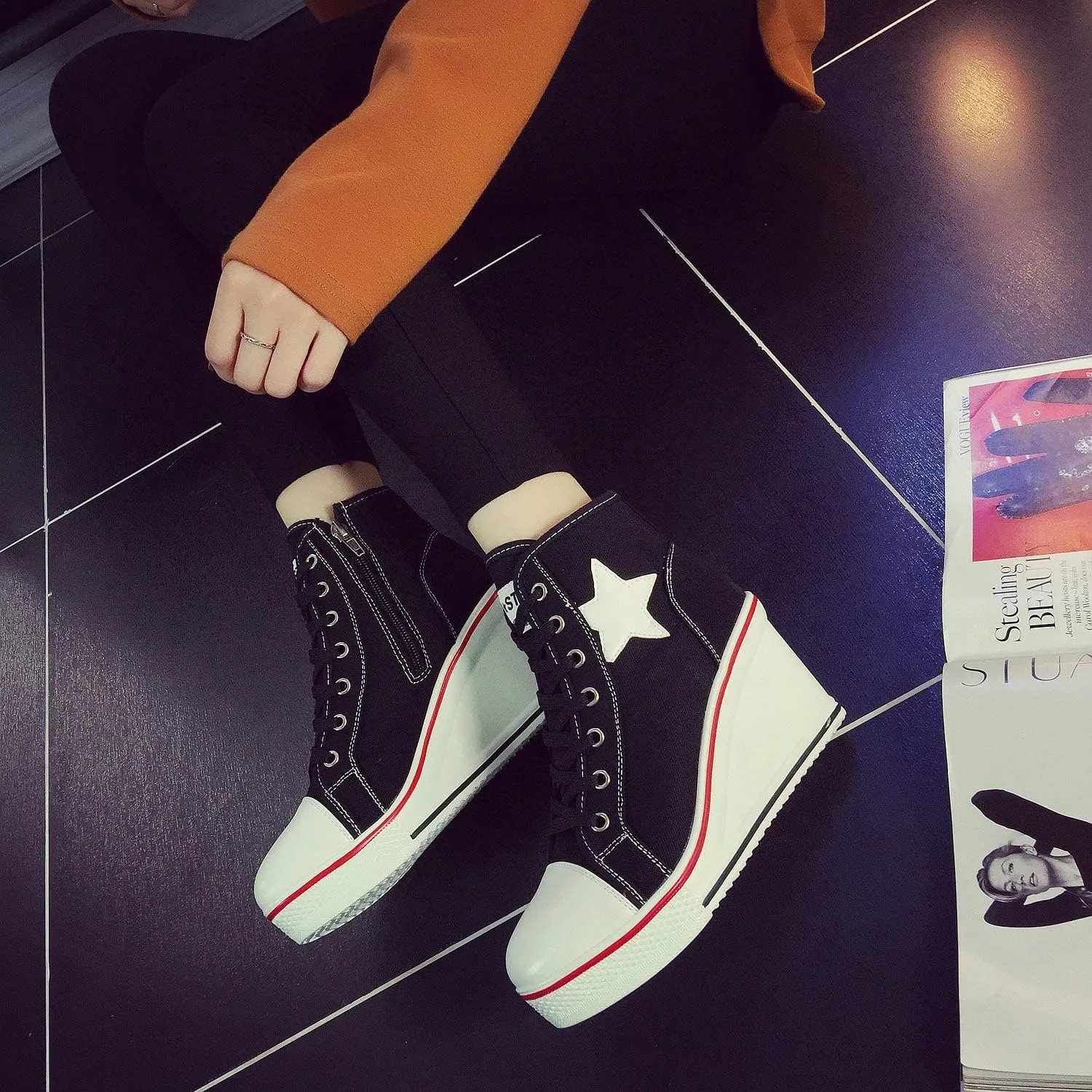 Women's Canvas High-Heeled Shoes Fashion Sneakers Casual Shoes for Walking Platform Wedges Pump Shoes