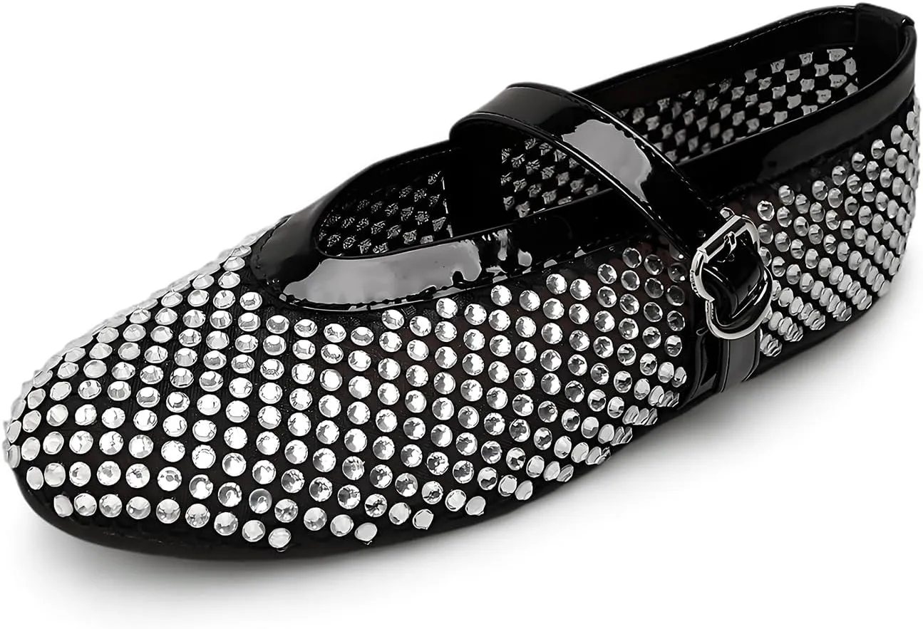 Women's Crystal Studded Glitter Flats - Silver-Toned Sparkle Evening Shoes with Cushioned Sole | Comfortable Party Shoes for Women, Formal Wedding Guest Pumps, Dressy Casual Ballet Flats