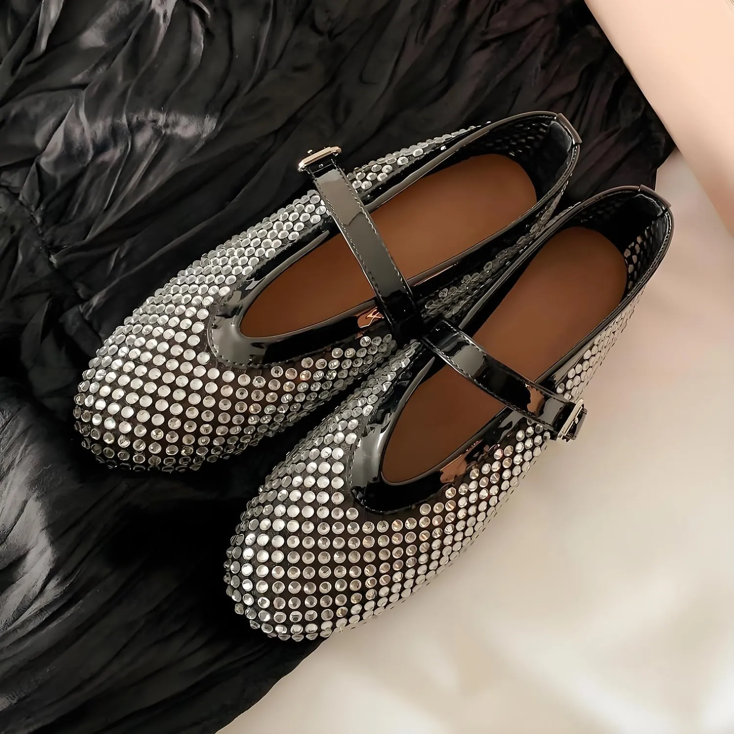 Women's Crystal Studded Glitter Flats - Silver-Toned Sparkle Evening Shoes with Cushioned Sole | Comfortable Party Shoes for Women, Formal Wedding Guest Pumps, Dressy Casual Ballet Flats