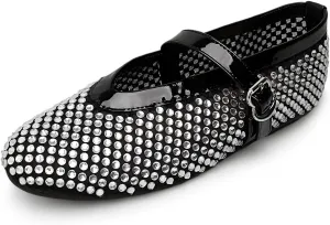 Women's Crystal Studded Glitter Flats - Silver-Toned Sparkle Evening Shoes with Cushioned Sole | Comfortable Party Shoes for Women, Formal Wedding Guest Pumps, Dressy Casual Ballet Flats