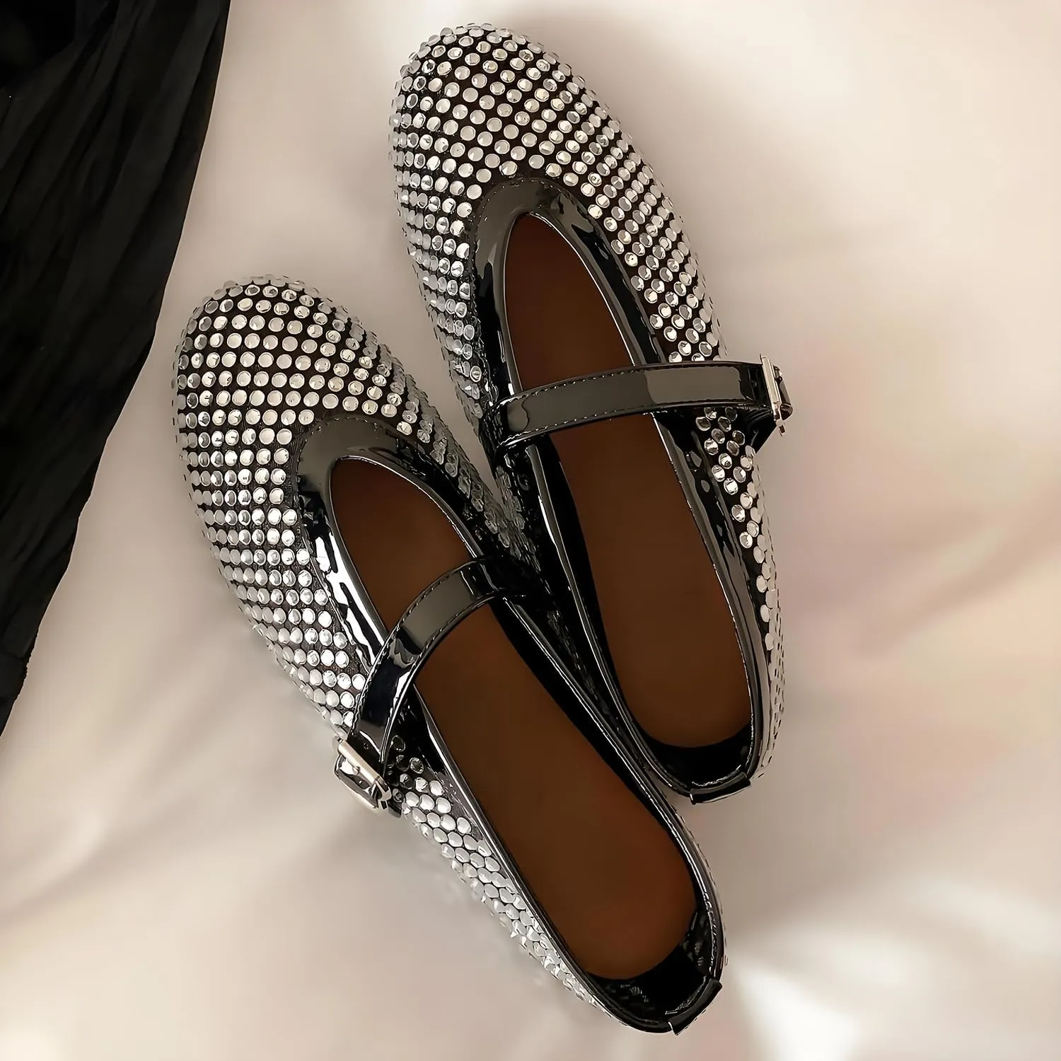 Women's Crystal Studded Glitter Flats - Silver-Toned Sparkle Evening Shoes with Cushioned Sole | Comfortable Party Shoes for Women, Formal Wedding Guest Pumps, Dressy Casual Ballet Flats