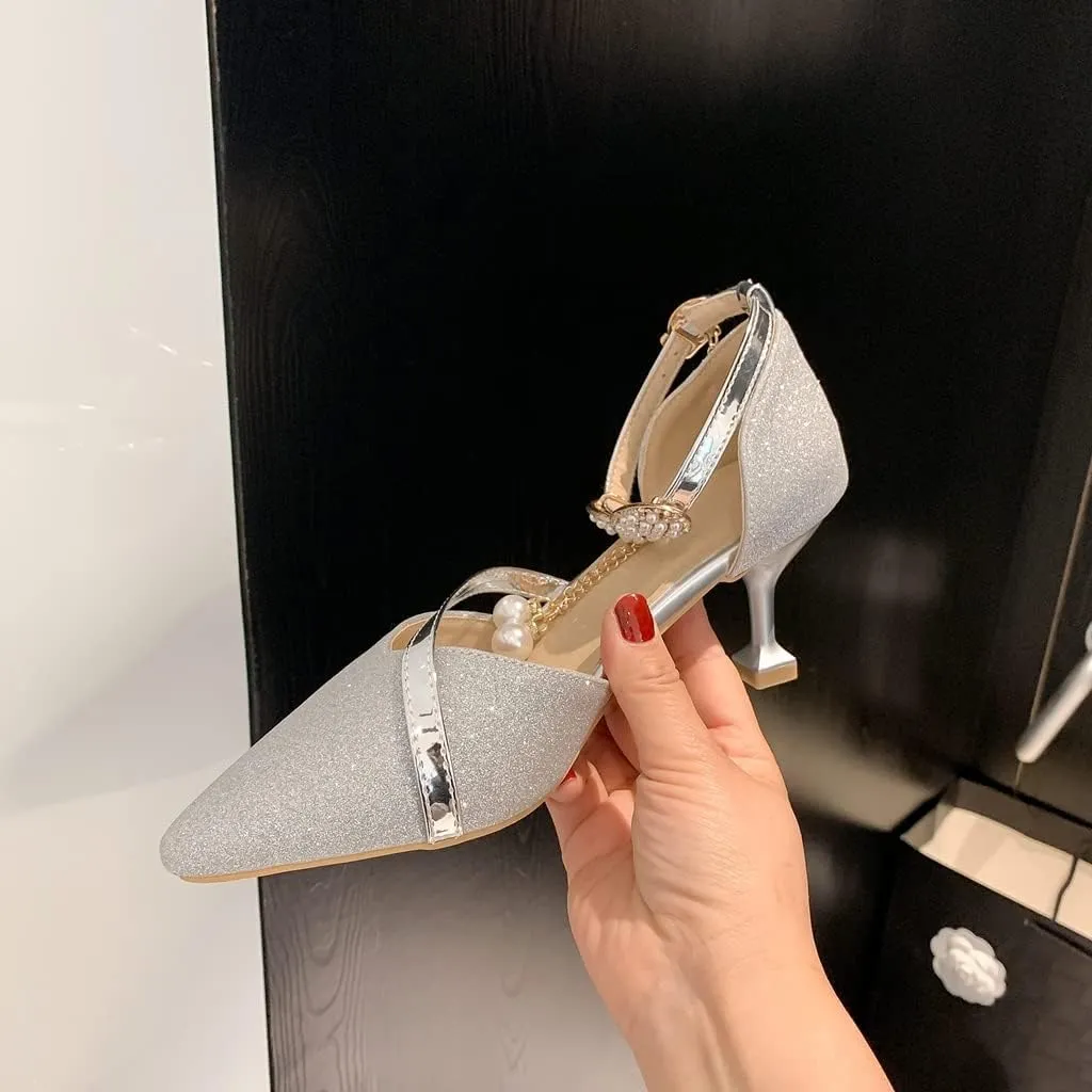 Women's Fashion Glitter Kitten Low Heel D'Orsay Pumps Pointed Toe Bow Pearls Wedding Party Sandal Shoes