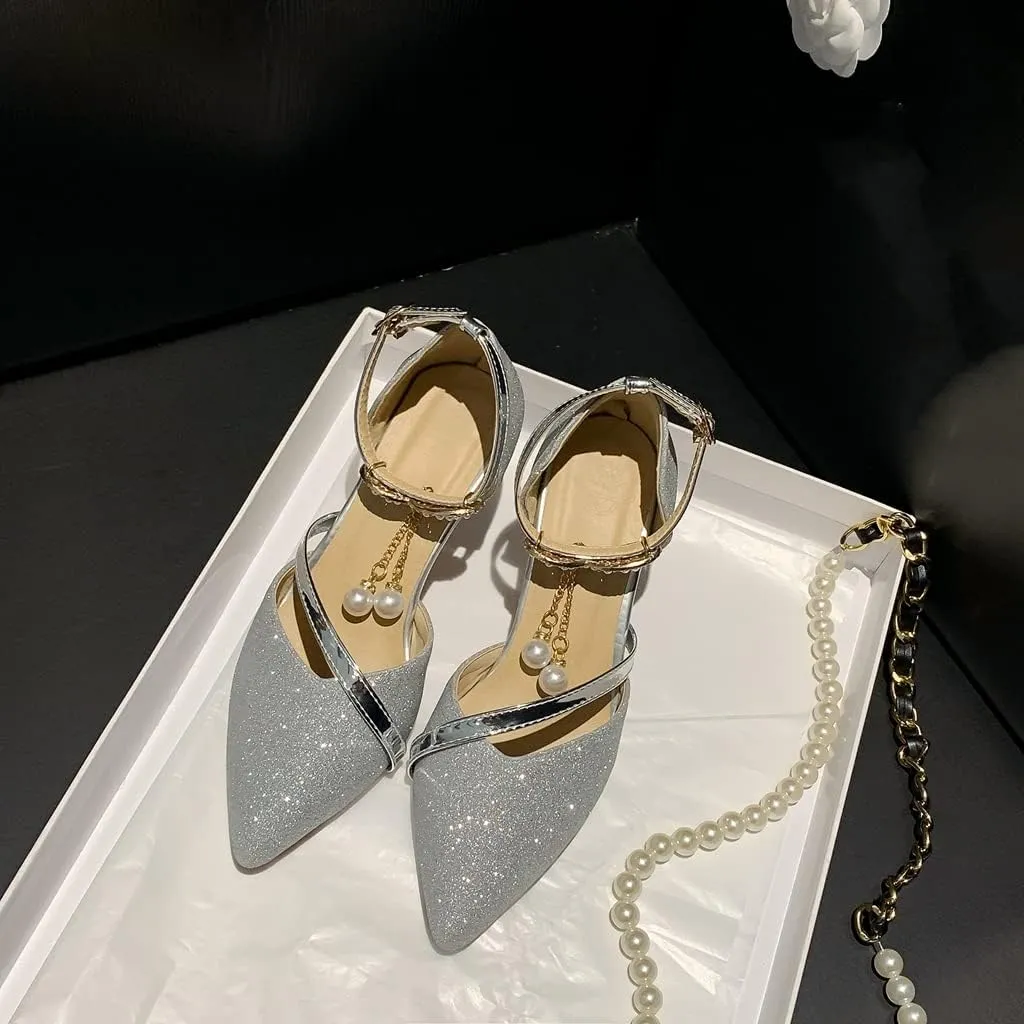 Women's Fashion Glitter Kitten Low Heel D'Orsay Pumps Pointed Toe Bow Pearls Wedding Party Sandal Shoes