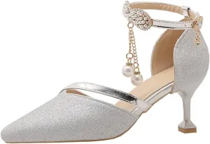 Women's Fashion Glitter Kitten Low Heel D'Orsay Pumps Pointed Toe Bow Pearls Wedding Party Sandal Shoes