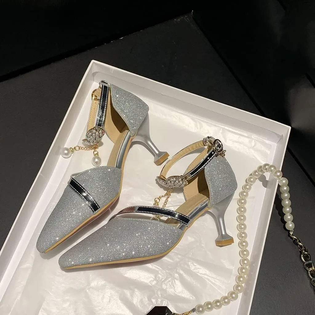 Women's Fashion Glitter Kitten Low Heel D'Orsay Pumps Pointed Toe Bow Pearls Wedding Party Sandal Shoes