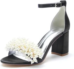 Women's High Block Heel Chunky Ankle Strap Pearl Sandals Wedding Dress Shoes High Heel Pump Shoes