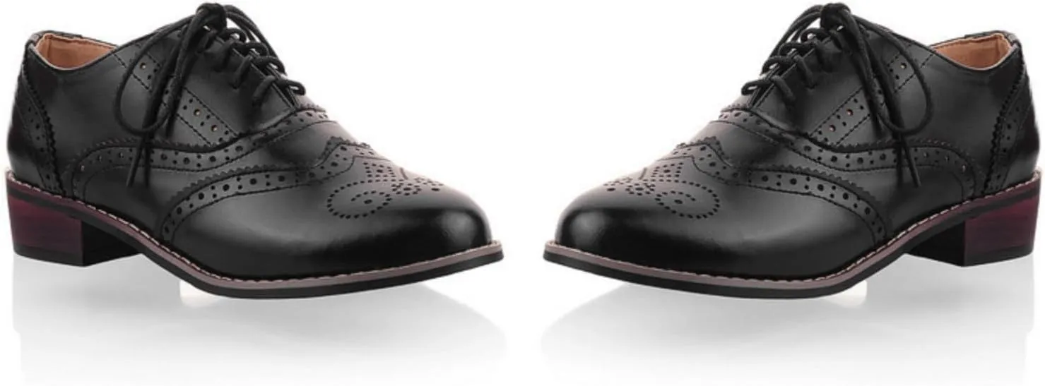 Women's Lace Up Oxfords Shoes Round Toe Low Chunky Heel Block Perforated Wingtip Brogues Casual Comfortable Patchwork Derby Saddle Pumps