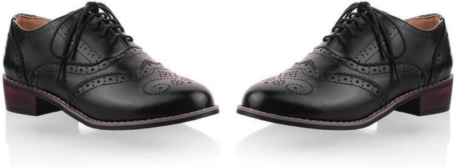 Women's Lace Up Oxfords Shoes Round Toe Low Chunky Heel Block Perforated Wingtip Brogues Casual Comfortable Patchwork Derby Saddle Pumps