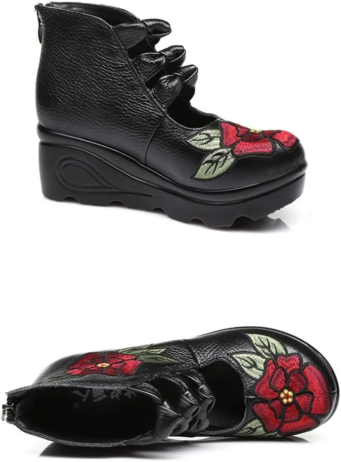 Women's Leather Classic Round Toe Platform Wedges Mary Jane Pump Shoes