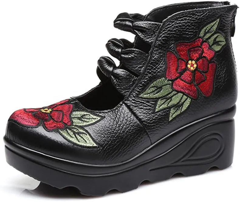 Women's Leather Classic Round Toe Platform Wedges Mary Jane Pump Shoes
