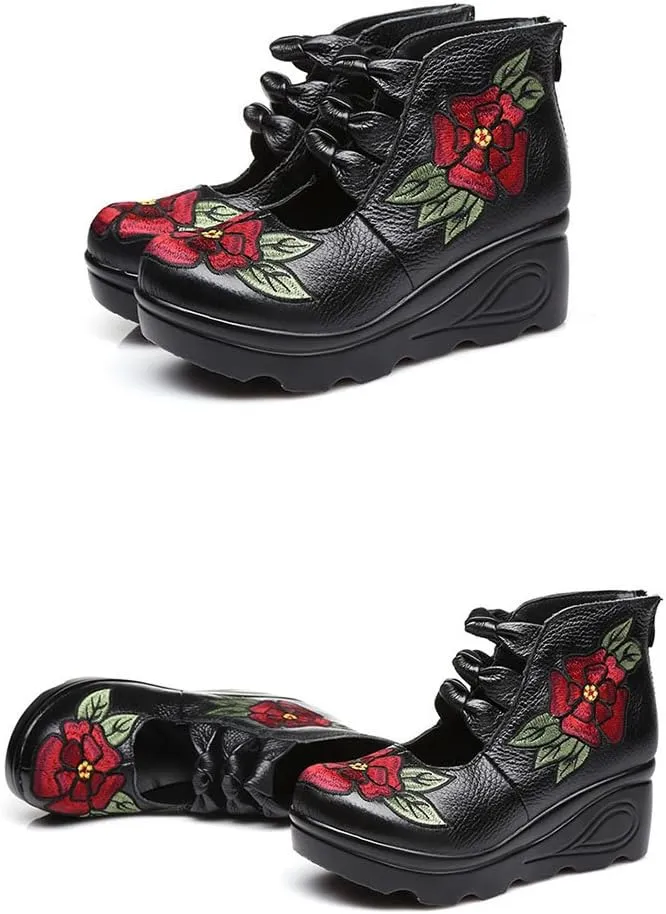 Women's Leather Classic Round Toe Platform Wedges Mary Jane Pump Shoes