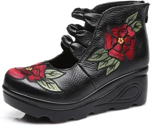 Women's Leather Classic Round Toe Platform Wedges Mary Jane Pump Shoes