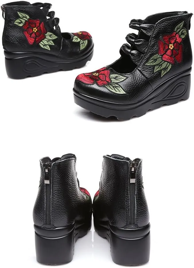 Women's Leather Classic Round Toe Platform Wedges Mary Jane Pump Shoes