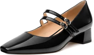 Womens Mary Jane Pumps, Square Toe Low Block Heel Pump Shoes for Women, Daily Comfort Mary Jane Pumps with Two Straps 1.3"