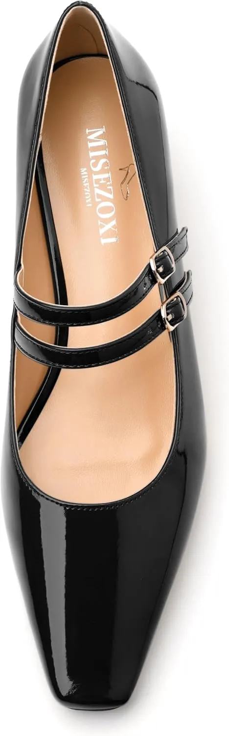 Womens Mary Jane Pumps, Square Toe Low Block Heel Pump Shoes for Women, Daily Comfort Mary Jane Pumps with Two Straps 1.3"
