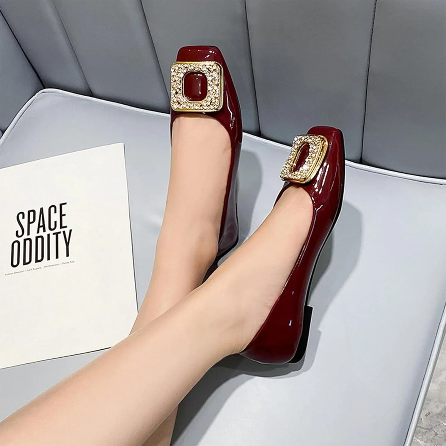 Womens Patent Leather Comfort Square Toe Ballets Flats Closed Toe Rhinestone Slip On Dress Shoes for Wedding Driving Dating Classical Walking Shoes