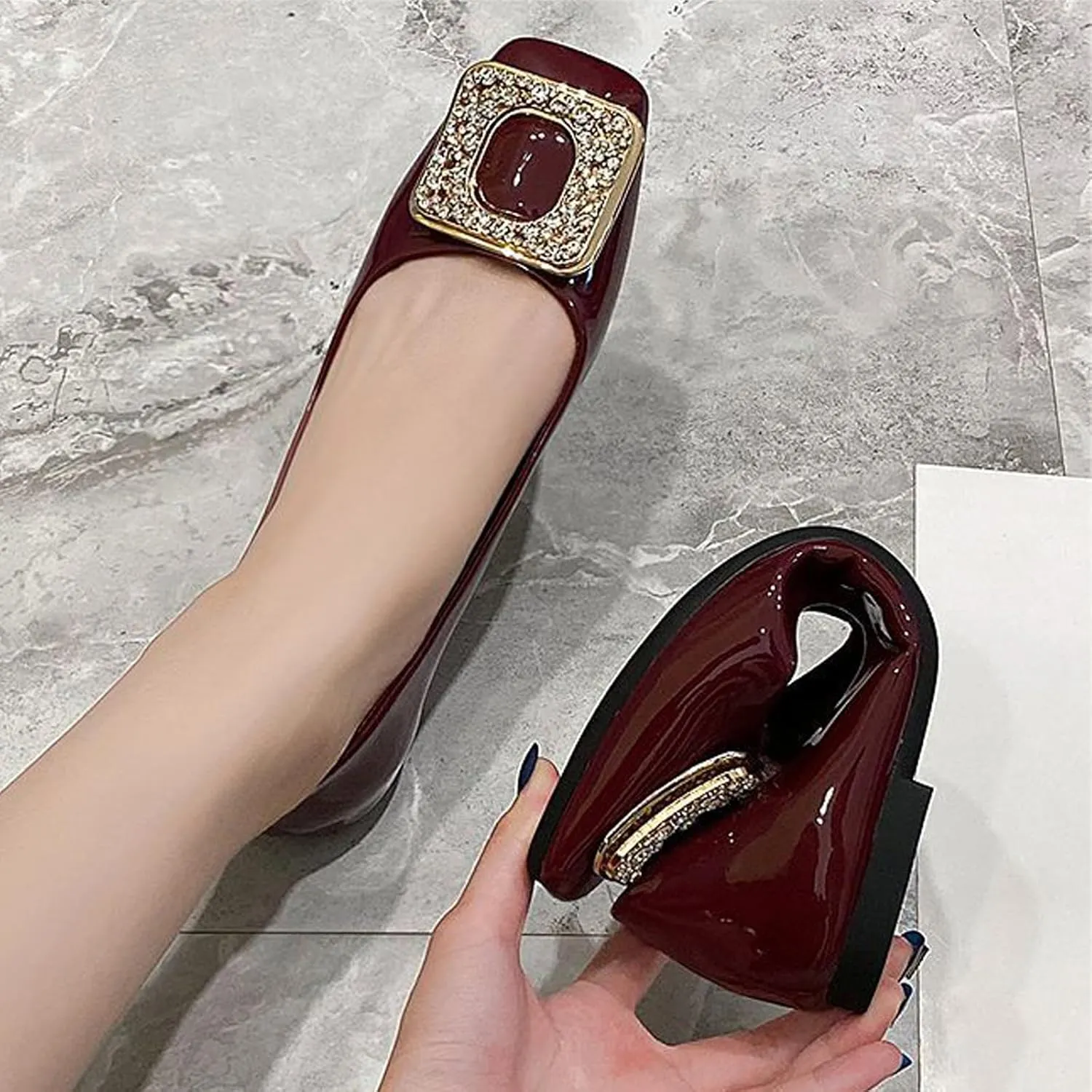 Womens Patent Leather Comfort Square Toe Ballets Flats Closed Toe Rhinestone Slip On Dress Shoes for Wedding Driving Dating Classical Walking Shoes