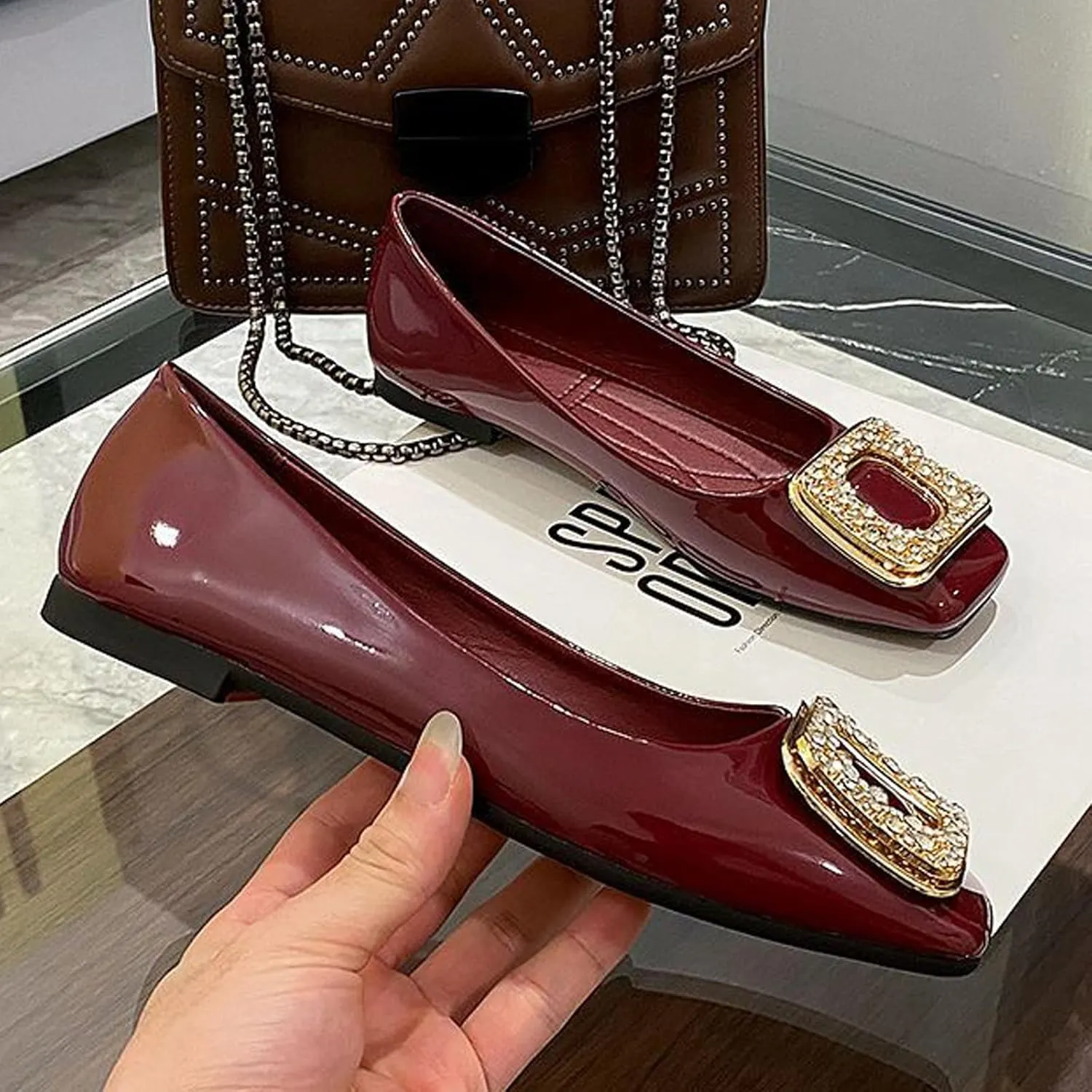 Womens Patent Leather Comfort Square Toe Ballets Flats Closed Toe Rhinestone Slip On Dress Shoes for Wedding Driving Dating Classical Walking Shoes