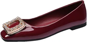 Womens Patent Leather Comfort Square Toe Ballets Flats Closed Toe Rhinestone Slip On Dress Shoes for Wedding Driving Dating Classical Walking Shoes